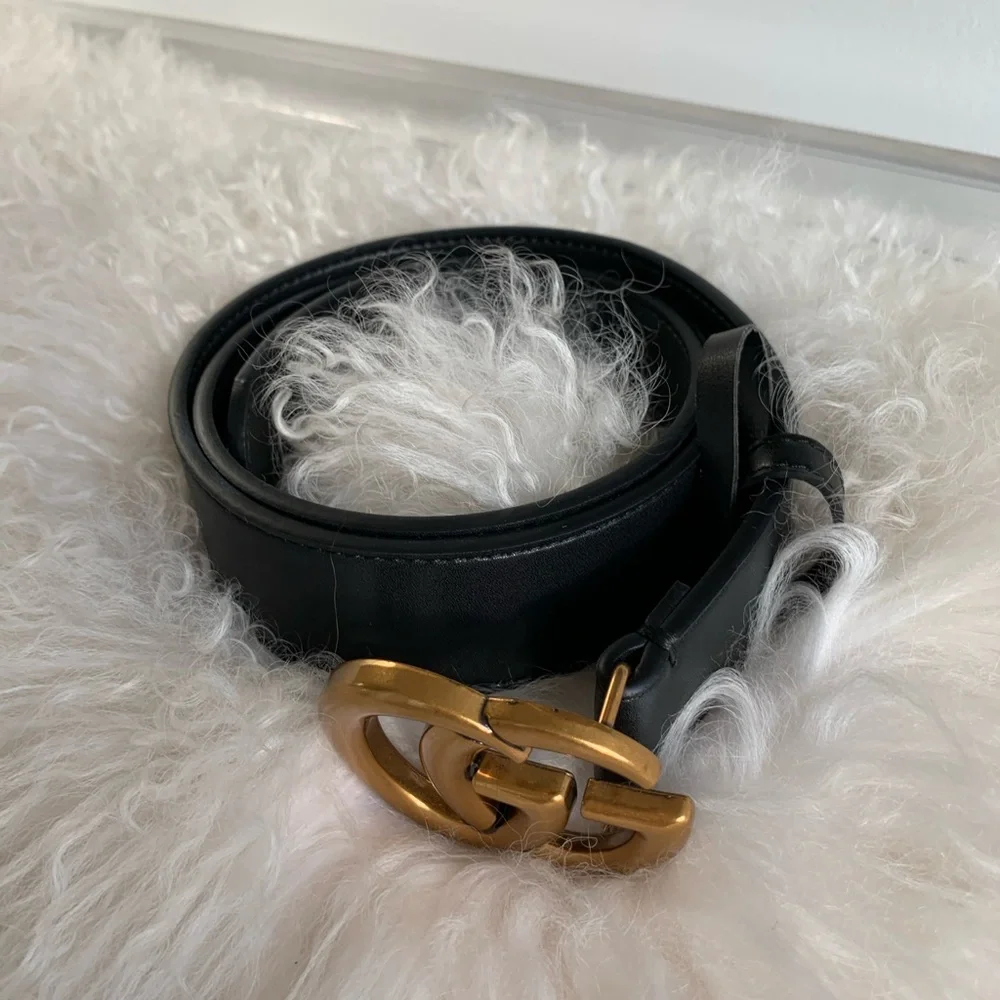 Gucci Black Leather Belt with Gold Double G Logo Buckle